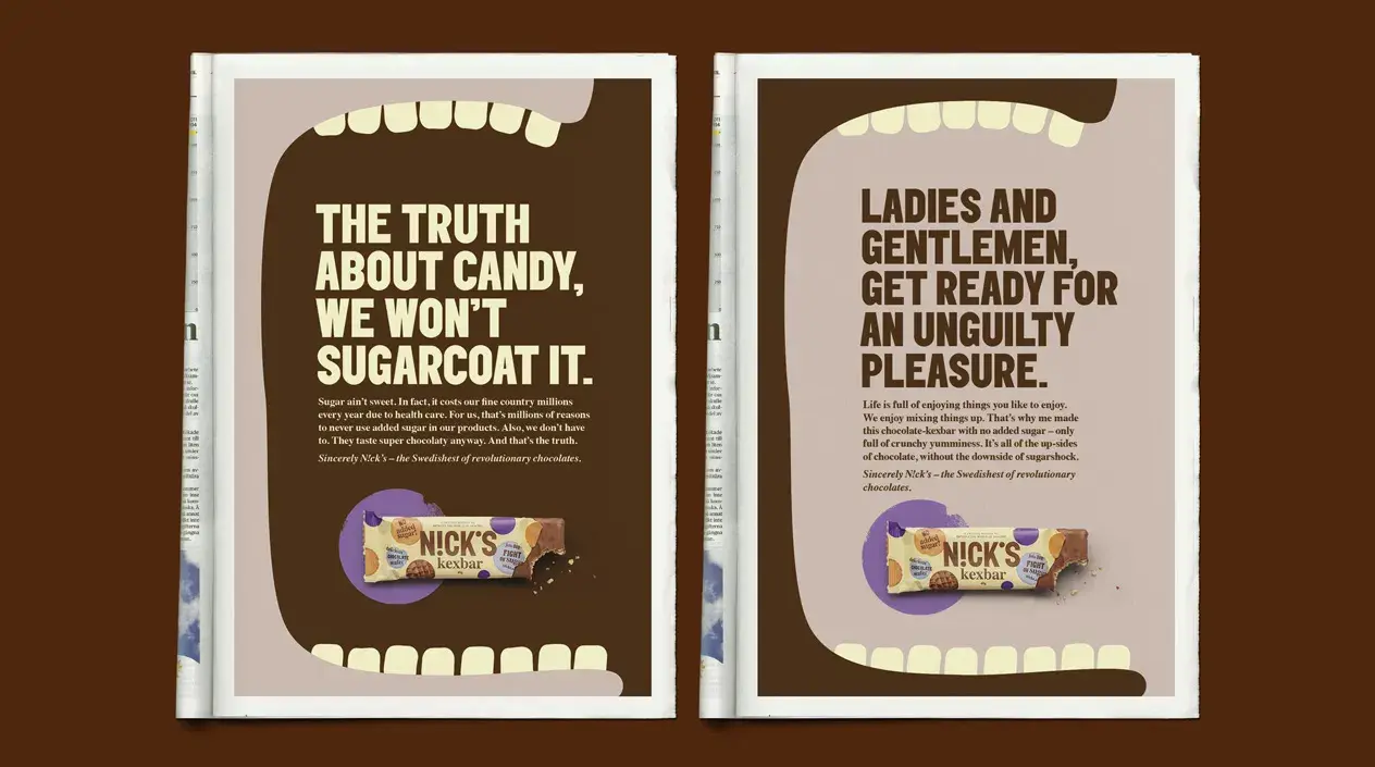 Two advertisements with large open mouths and text about candy. Each features a Nick's chocolate bar at the bottom.