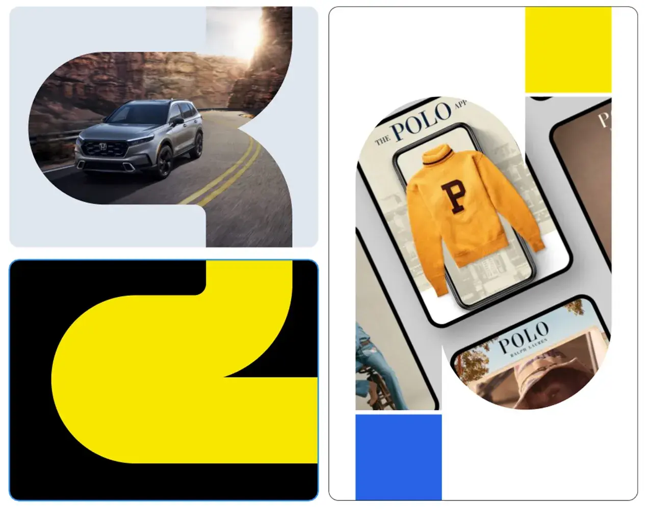 Collage of a car on a road, a yellow sweater on a phone screen, and abstract yellow and blue shapes.