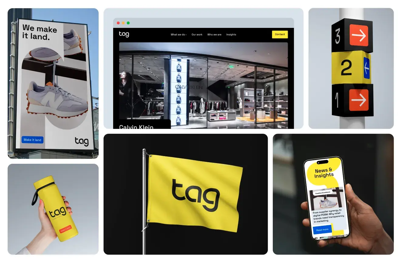 Collage of "tag" branding: billboard, website, elevator signs, water bottle, flag, and phone displaying news, all featuring the "tag" logo.