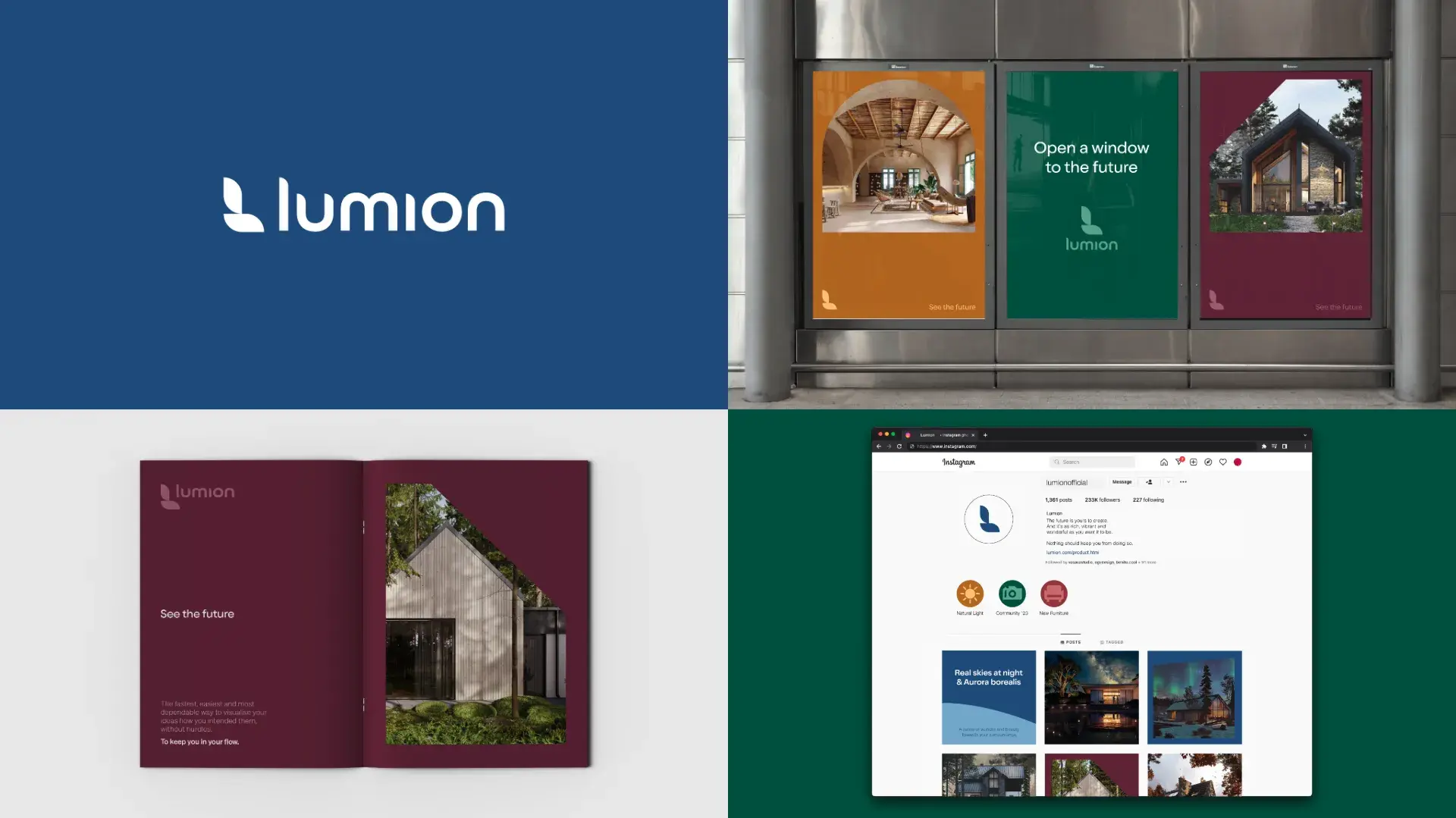 Collage of Lumion branding: logo, posters, brochure with architecture imagery, and a website page showcasing their design and social media presence.