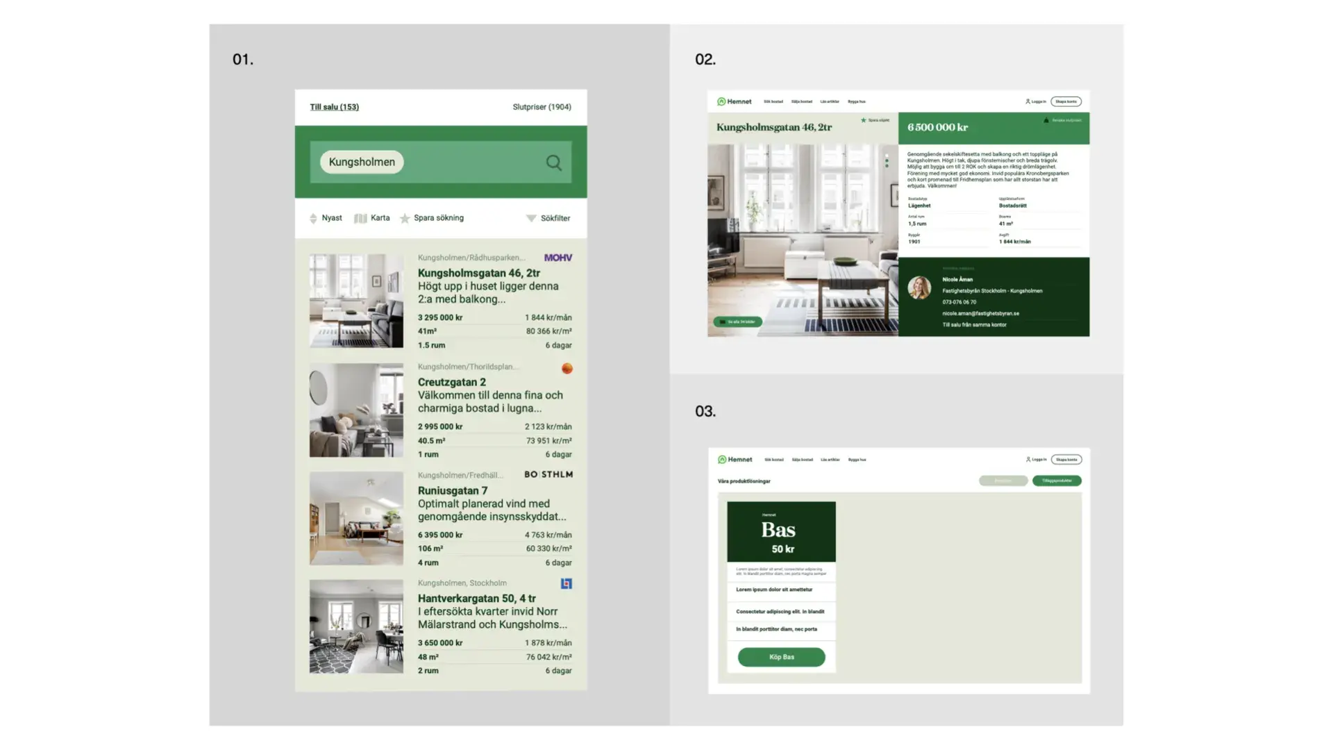 Mobile and desktop views of a real estate website showing property listings, a detailed apartment page, and a contact form.