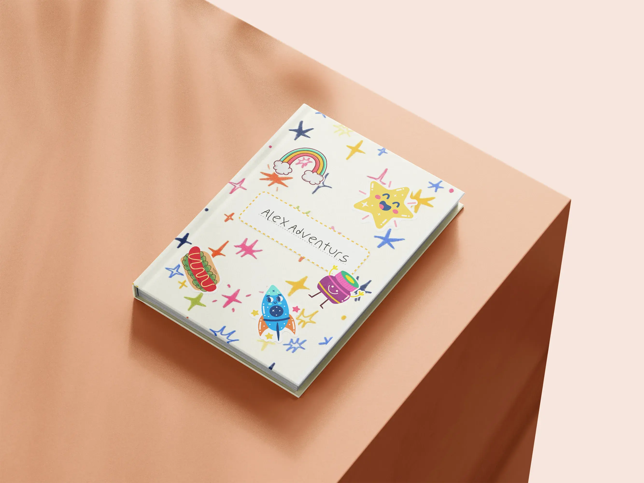 Children's book titled "Alex Adventures" with colorful star, rainbow, and cartoon character illustrations on a peach-colored surface.