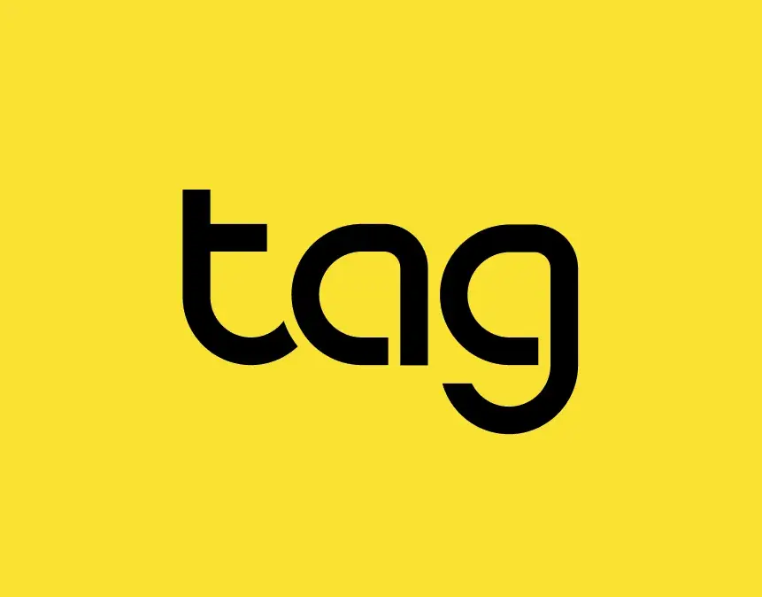 The word "tag" in bold, black lowercase letters on a bright yellow background.