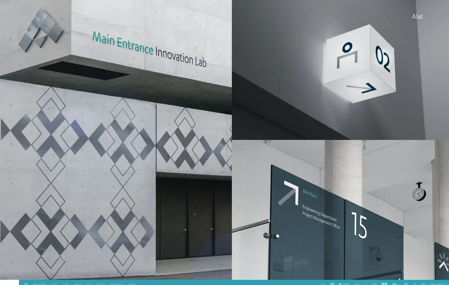 Images showing navigation, signage and interior branding elements.
