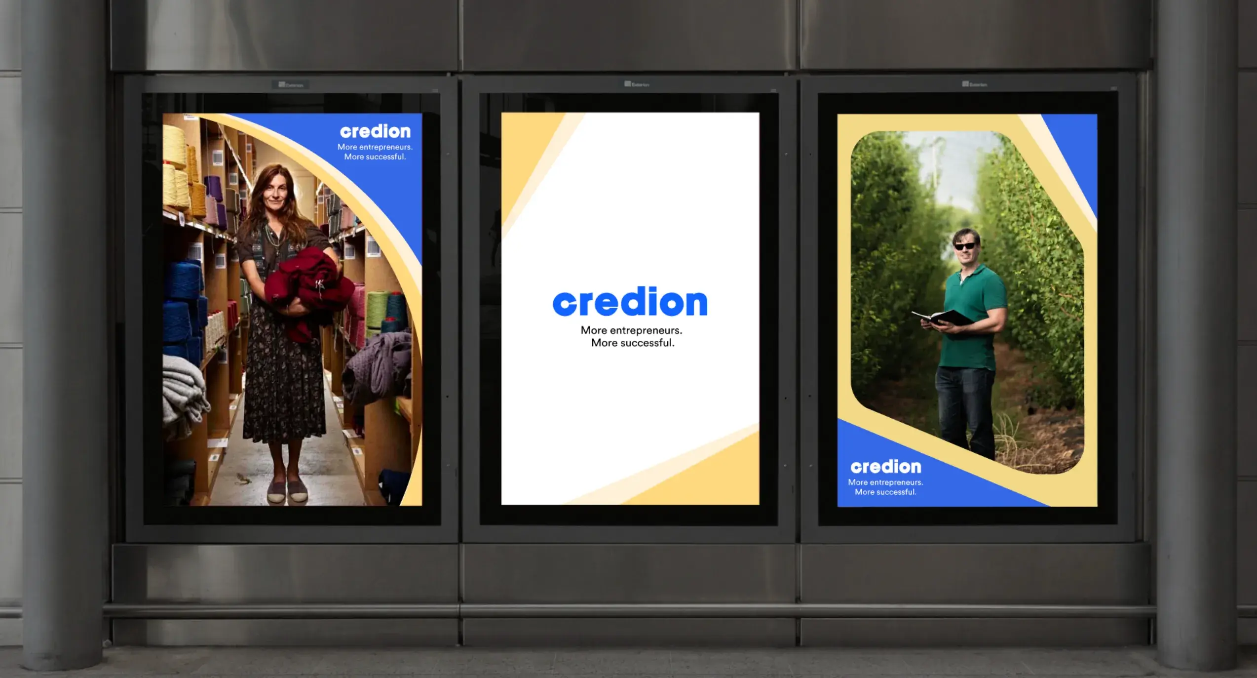 Three posters: woman in a storage room, blank center with "credion" logo, man in a field. Text reads "More entrepreneurs. More successful."