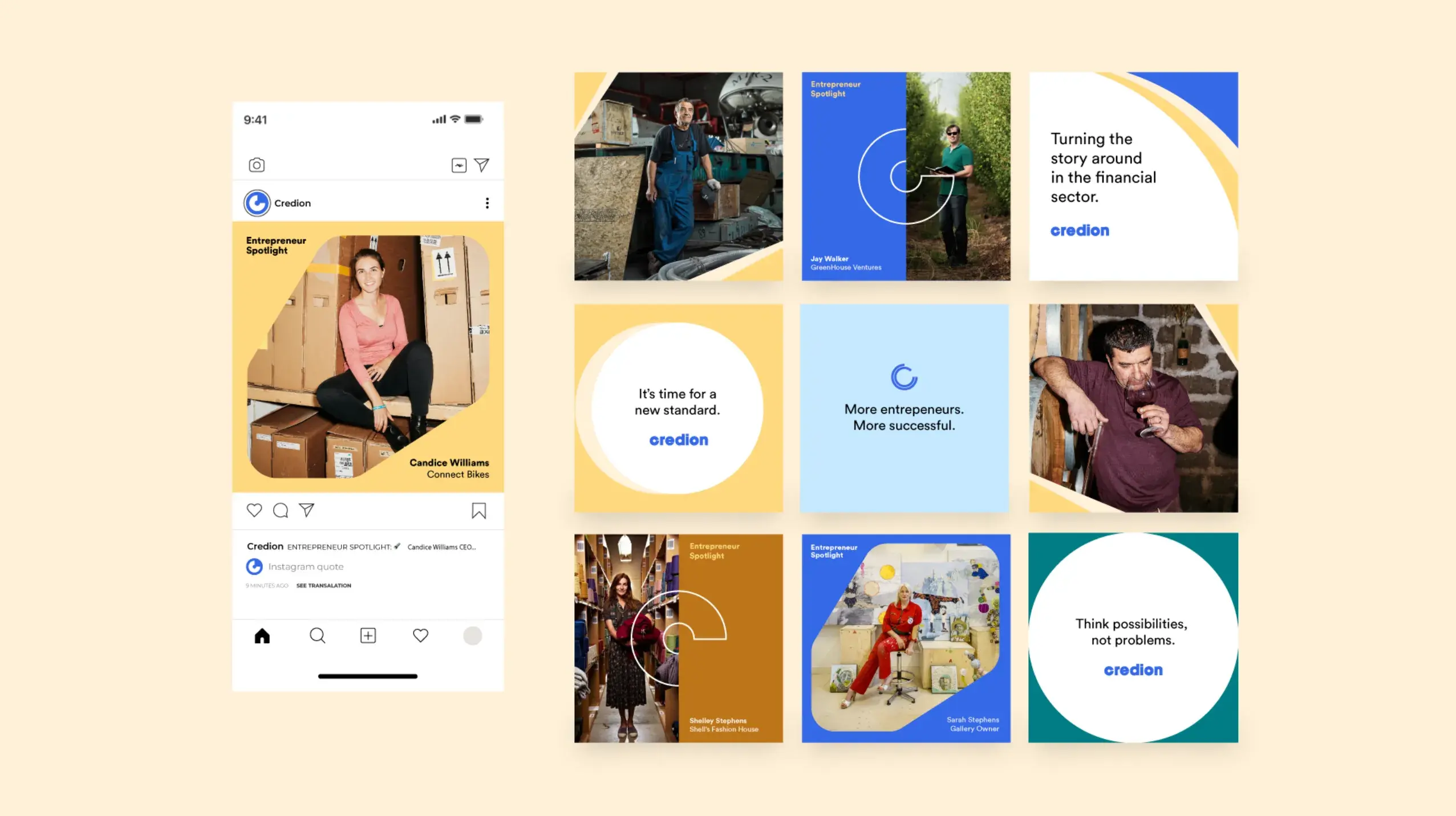 Collage of business-themed social media posts featuring entrepreneurs, motivational phrases, and the Credion logo on a beige background.