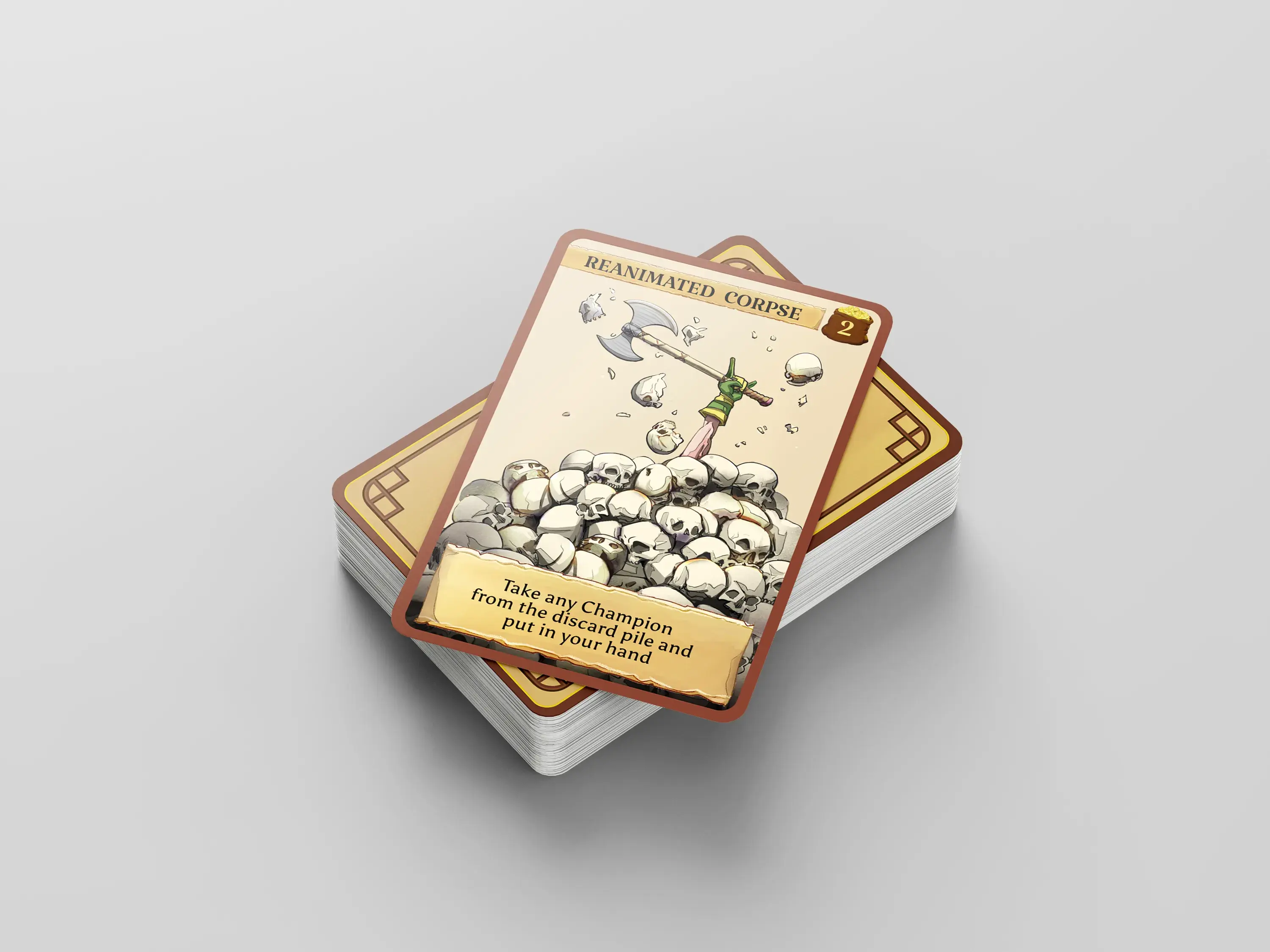 A card titled "Reanimated Corpse" with a pile of skulls and a sword, text reads: "Take any Champion from discard pile and put in your hand."