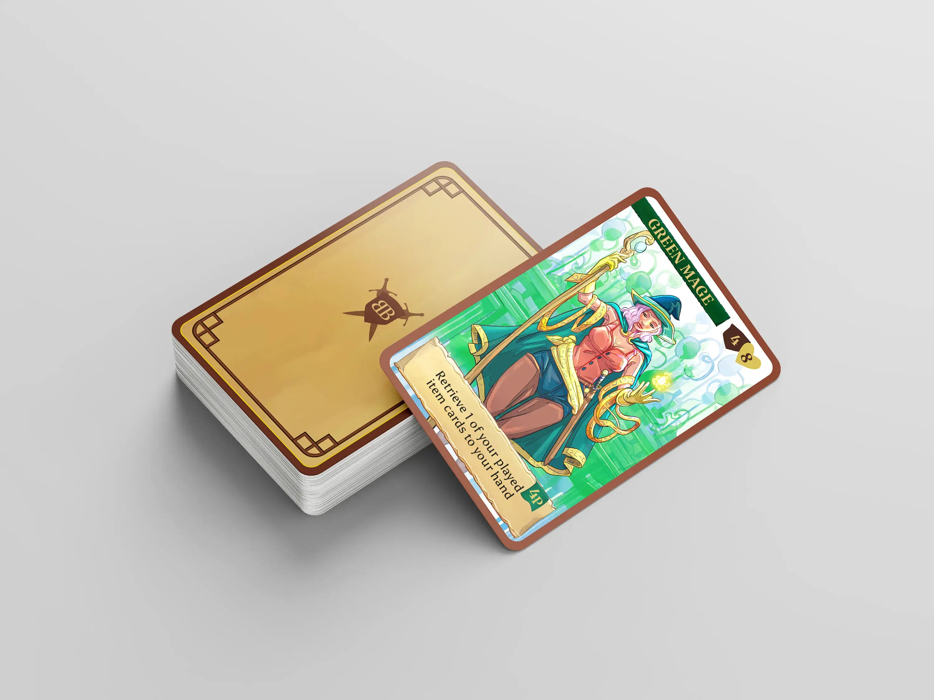 A deck of cards with one card face-up. The card features a character in a hat with gold chains, labeled "Rich Man," and a description below.